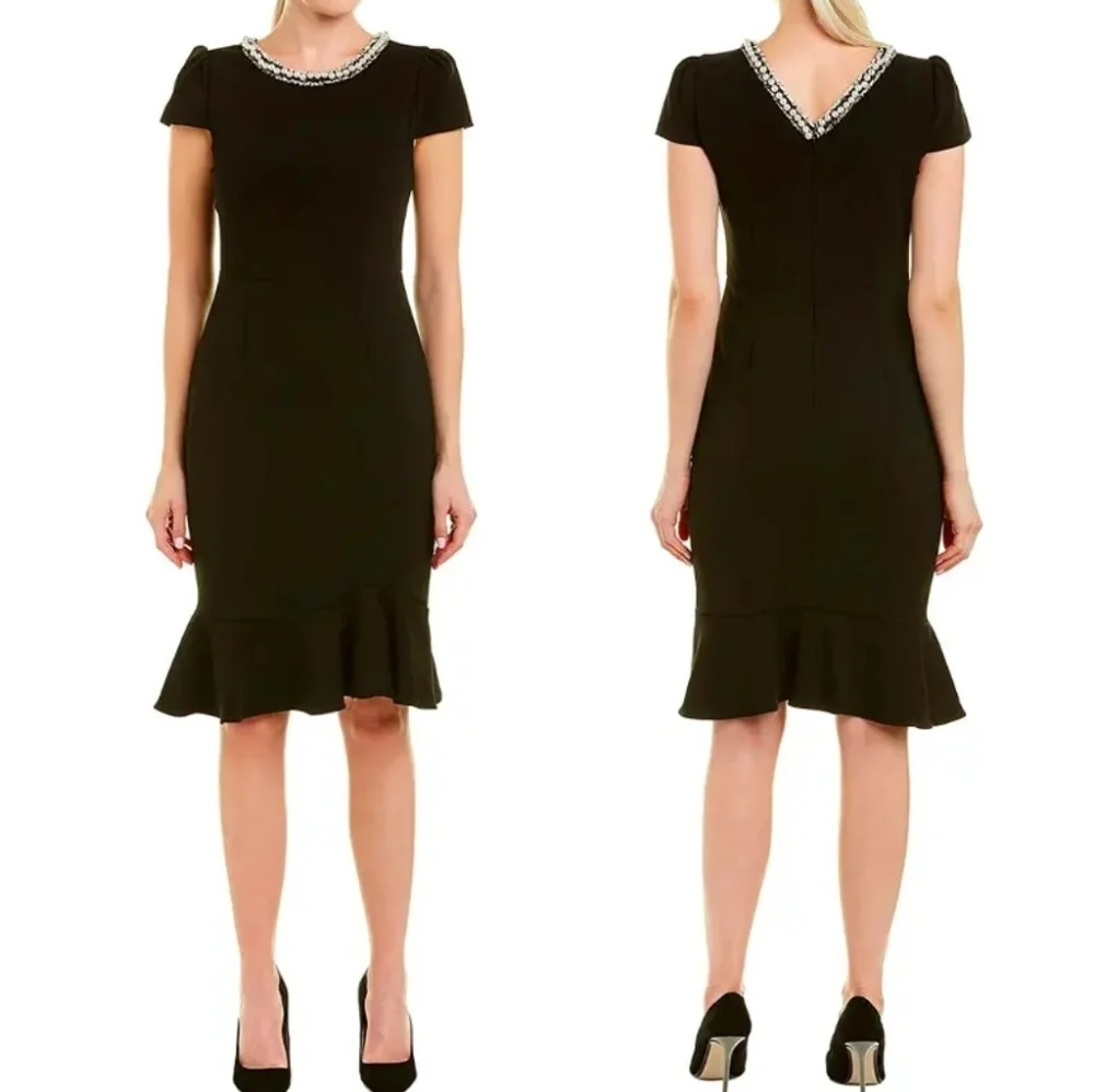 Betsey Johnson Black Dress Pearl Fringe Collar Black Cap Sleeve Ruffle Hem Sz 8 - Picture 2 of 16